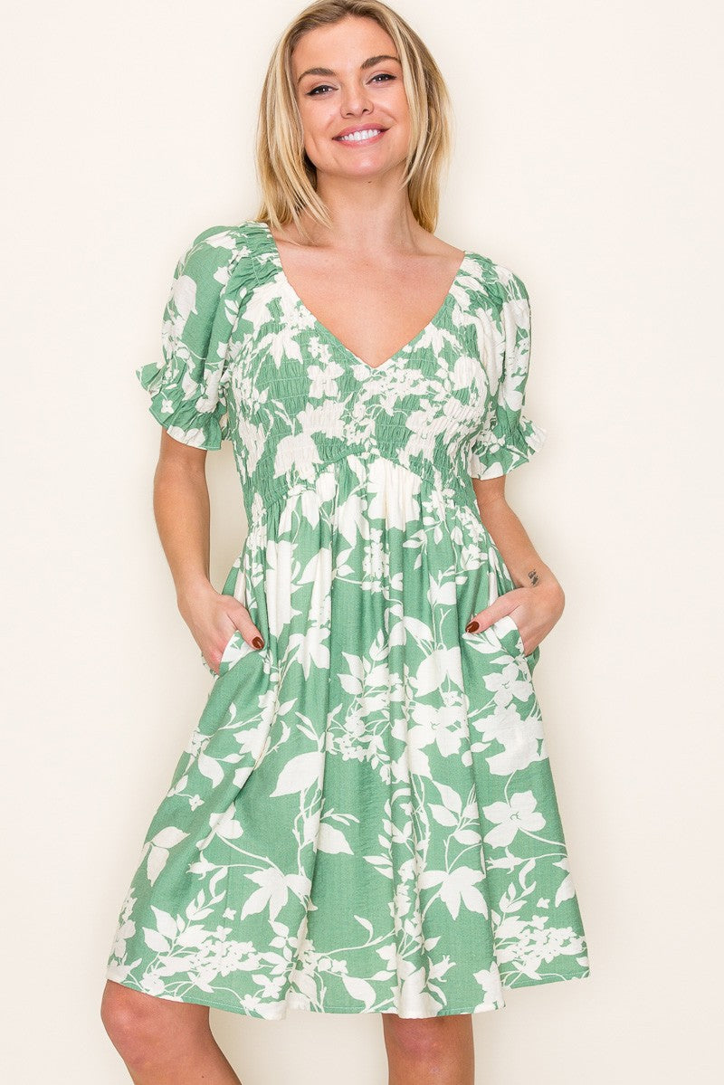 Sage V-Neck Smocked Dress with Puff Sleeve