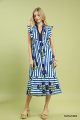 Blue Floral Striped Midi Dress