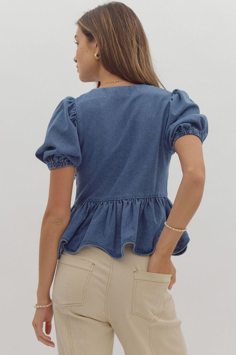 Denim Puff Sleeve Bow Detail Top