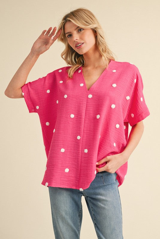 Pink Polka Dot Embroidered Boxy Top