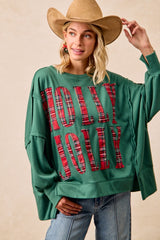 Green Oversized Holly Jolly Edge Patched Fleece Top