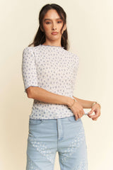 White and Blue Short Sleeve Floral Mesh Top