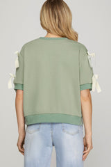 Short Sleeve Round Neck Knit Top with Bow Details