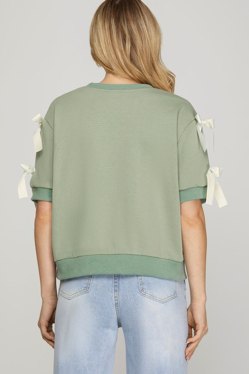 Short Sleeve Round Neck Knit Top with Bow Details