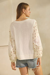 Curvy Off White Lace With Floral Balloon Sleeve Top