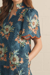 Teal Floral Print Scalloped Trim Dress