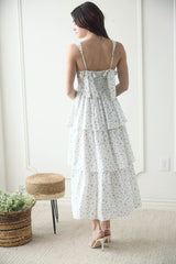 Blue & White Floral Corset Ruffle Tiered Dress