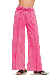 Acid Wash Fleece Pintuck Wide Leg Pants