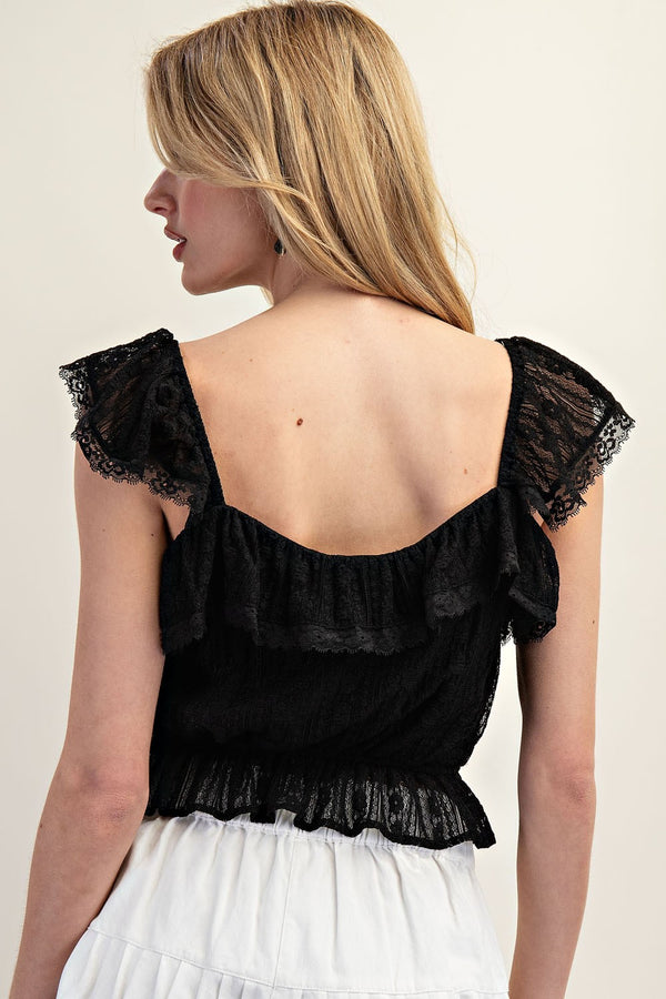 Black Ruffled Lace Sleeveless Top