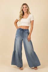Tiered Wide Leg Drawstring Chambray Pants