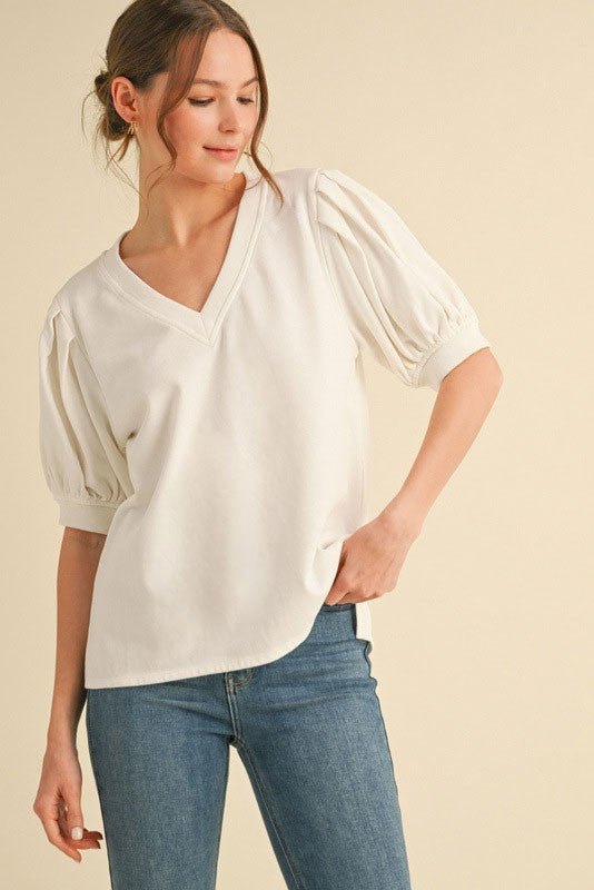 Off White Puff Sleeve V-Neck Top