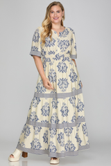 Curvy Blue Damask Short Sleeve Contrast Tiered Dress