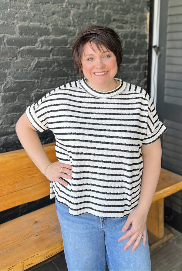 Black Striped Round Neck Side Slit Tee