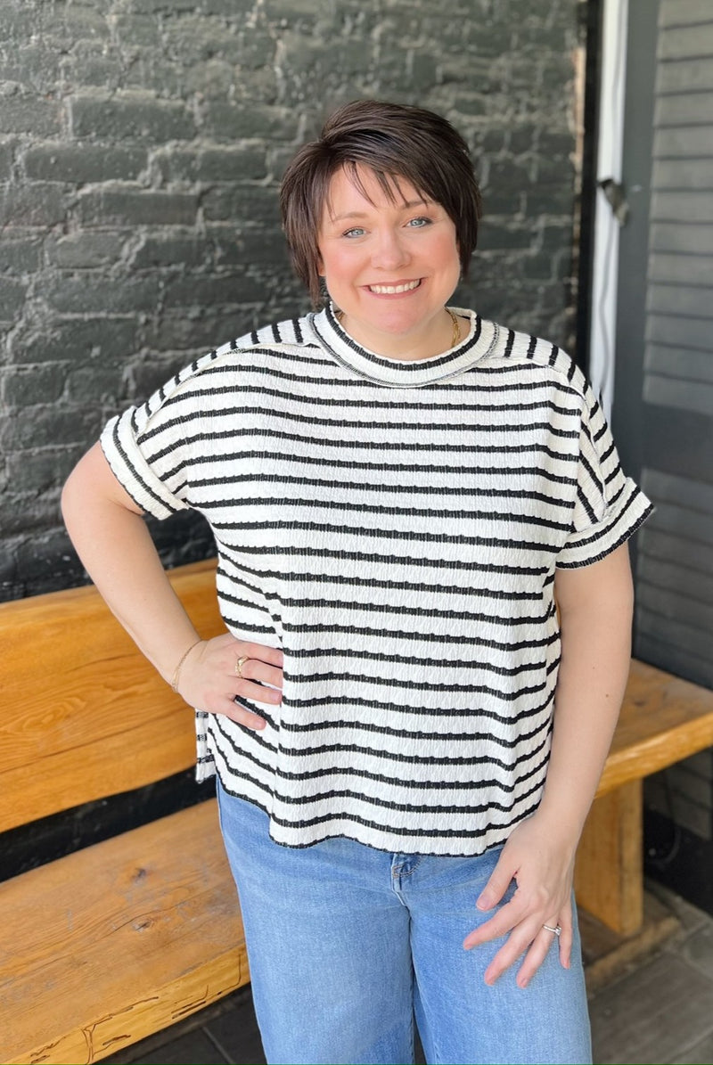 Black Striped Round Neck Side Slit Tee