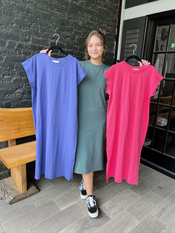 Round Neck Short Sleeve Midi Dress with Side Slits