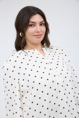 Curvy White Polka Dot Blouse With Cinched Sleeves
