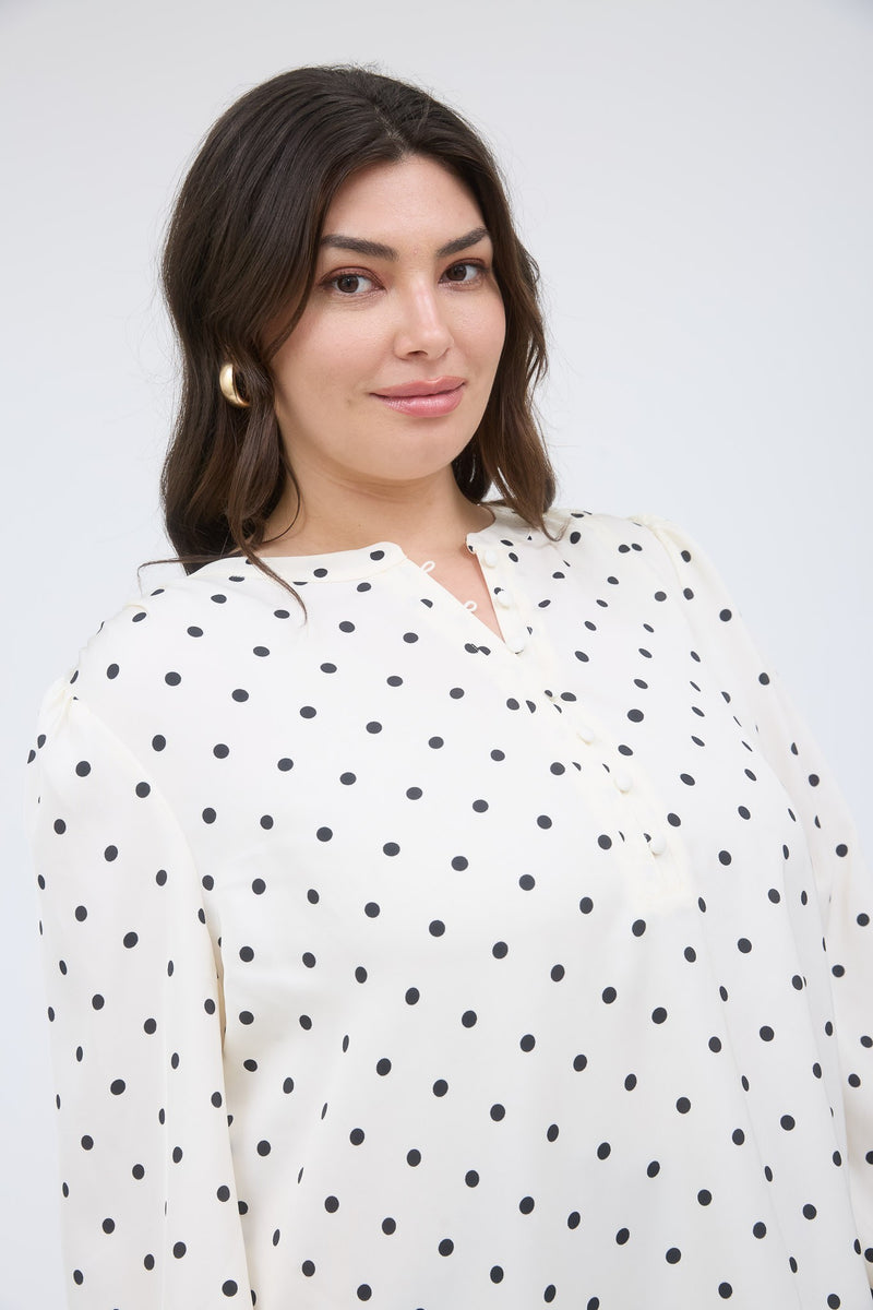 Curvy White Polka Dot Blouse With Cinched Sleeves
