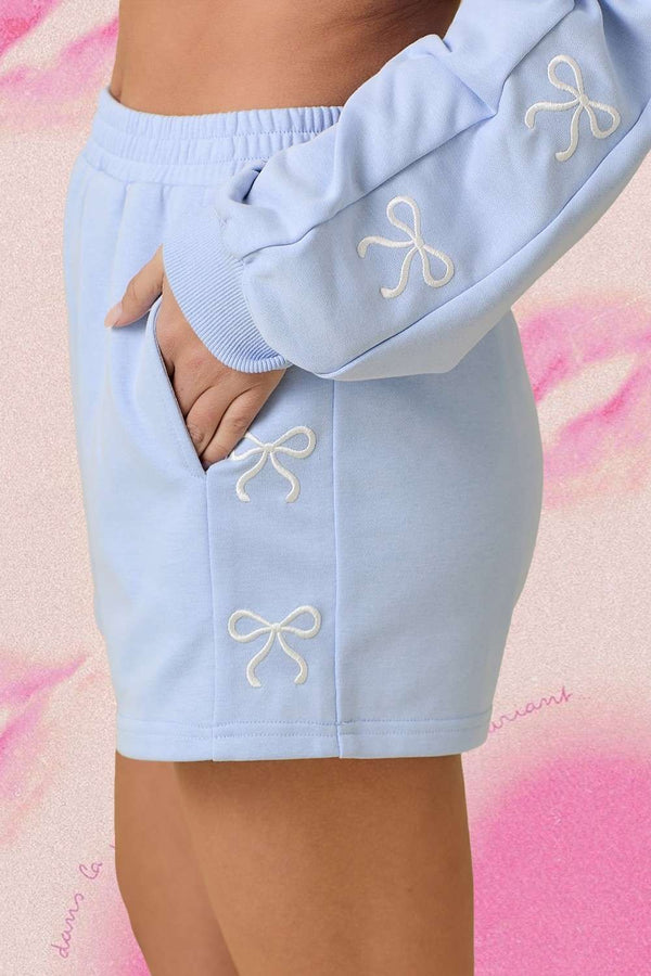 Light Blue Knit Shorts with Bow Embroidery Details