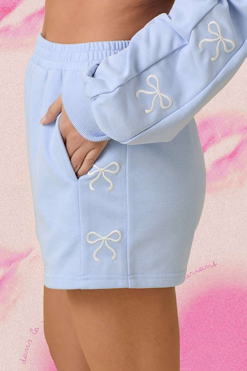 Light Blue Knit Shorts with Bow Embroidery Details