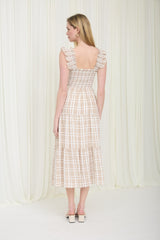 Plaid Smocked Ruffle Strap Midi Dress