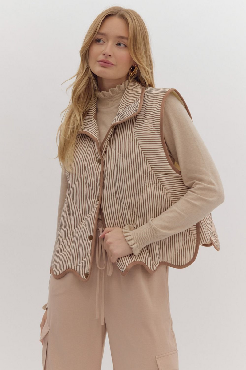 Cream & Brown Striped Vest with Scallop Hem