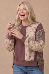 Curvy Mixed Fabric Floral Waffle Knit Top
