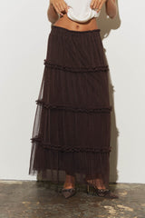 Brown Polka Dot Tiered Midi Skirt