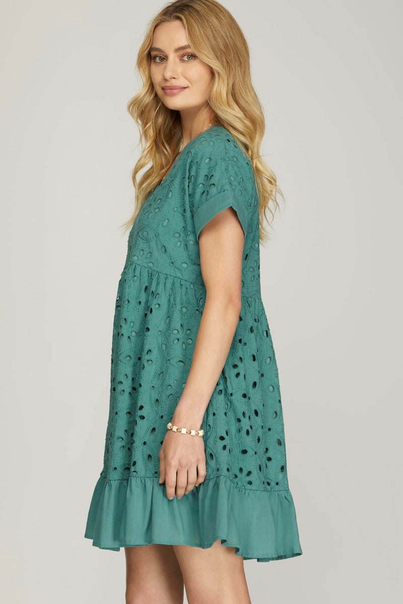 Sea Green Eyelet Ruffle Hem Dress