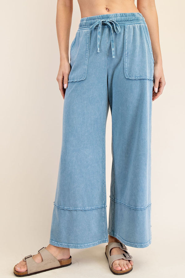 Dusty Blue Cotton Poly Cropped Wide Pant