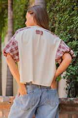 Cream and Berry Plaid Puff Sleeve Top