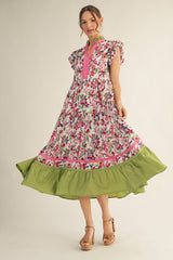 Pink Ruffled Cap Sleeve Floral Dress
