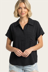 Black Short Sleeve Button Down Top