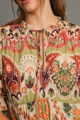 Green Mix Scrunch Sleeve Maxi Dress