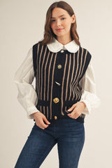 Black and Taupe Variety Button Accent Stripe Sweater Vest