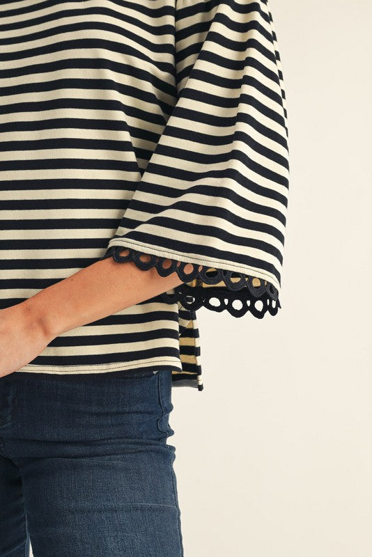 Black Striped Top With Lace Trim