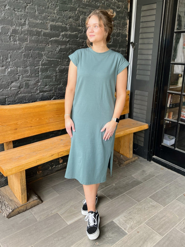 Round Neck Short Sleeve Midi Dress with Side Slits