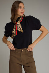 Black Solid Puff Sleeve Top With Leopard Scarf