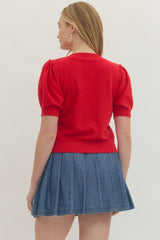 Short Sleeve Puff Button Front Cardigan