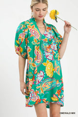 Emerald Paisley Print V Neck Dress