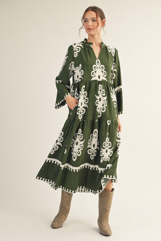 Damask Patterned Midi Dress
