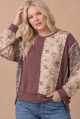 Curvy Mixed Fabric Floral Waffle Knit Top