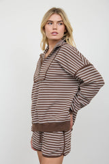 Brown Half Zip Stripe Contrast Trim Long Sleeve Top