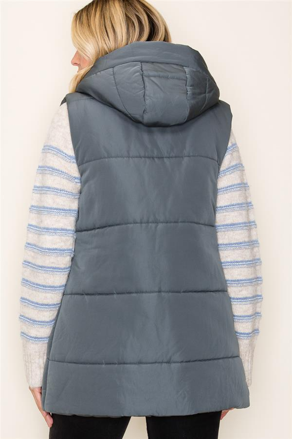 Gun Metal Zip Front Solid Hooded Duster Puffer