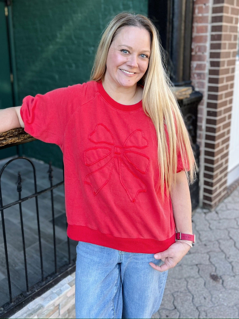 Red Tonal Patch Bow Short Sleeve Sweatshirt