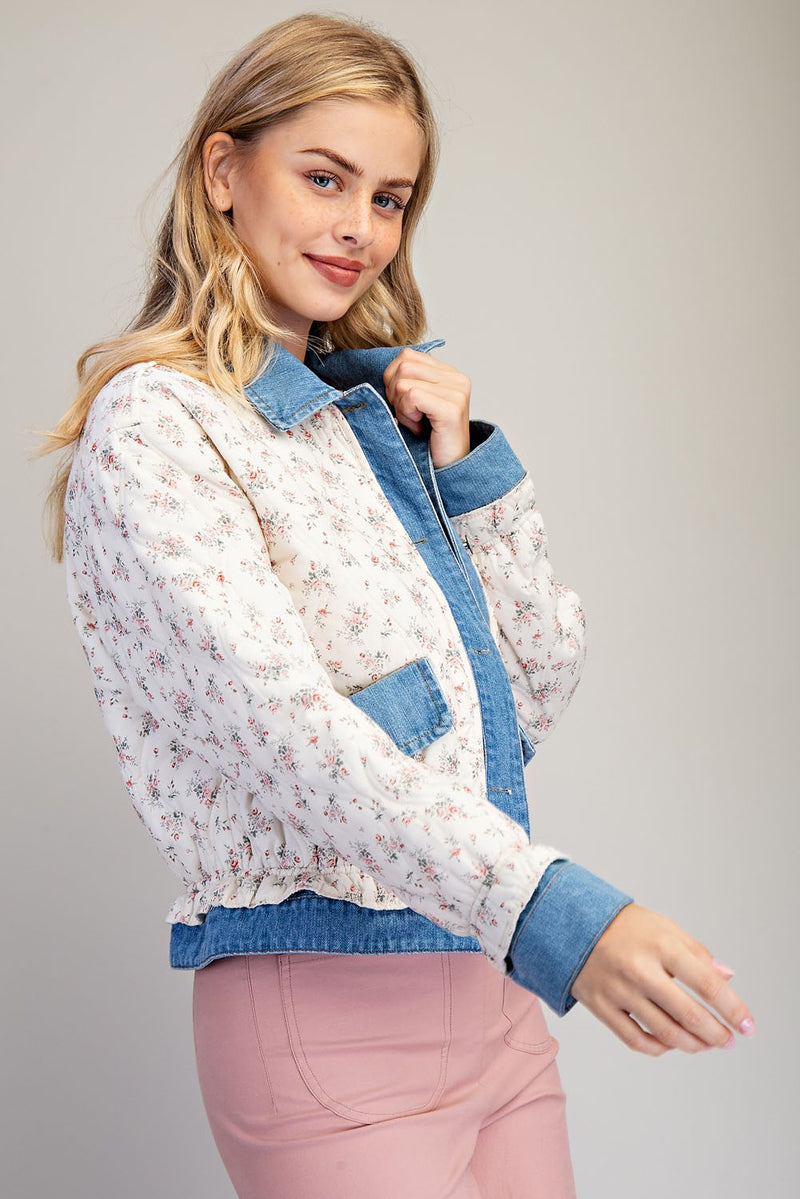 Denim and Floral Quilted Button Down Jacket