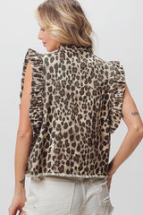 Leopard Button Up Vest with Ruffled Armholes