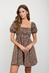 Dark Brown Ditsy Floral Puff Sleeve Dress