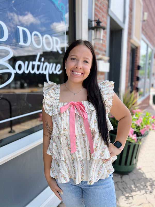 Floral Printed Ruffled Top with Pink Bow