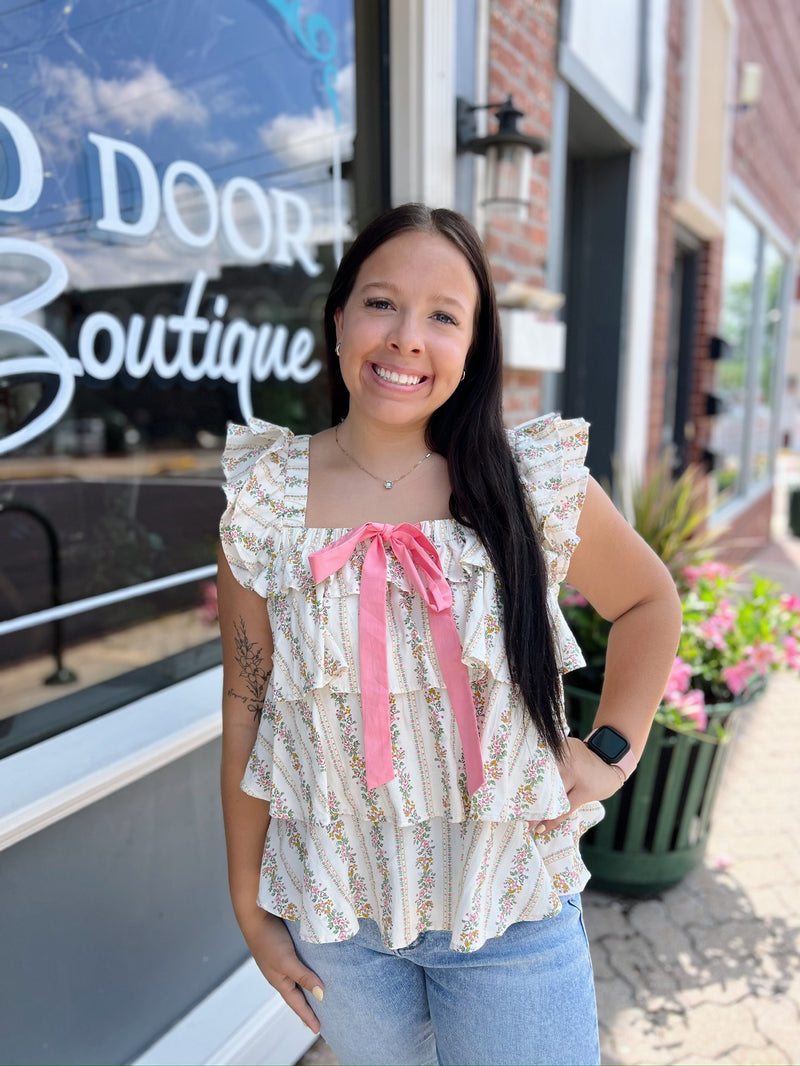 Floral Printed Ruffled Top with Pink Bow