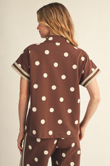Brown Front Zip Polka Dot Band Accent Top